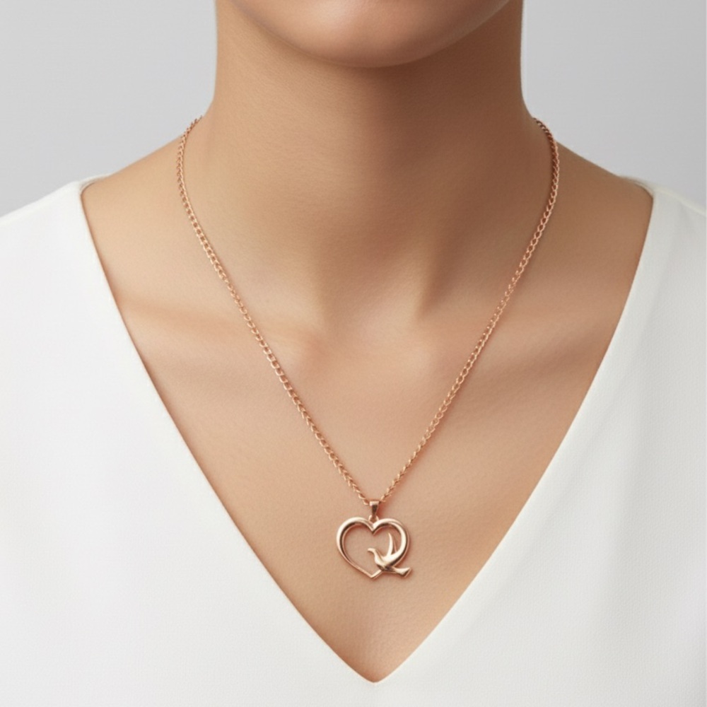 Rose Gold Tone Dove Heart Pendant Necklace | Peace Symbol